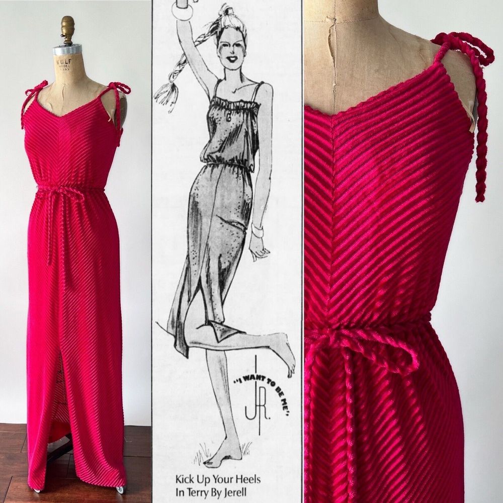 1970s VTG Raspberry Hot Pink Maxi Dress  Spaghetti Strap Slit Chenille XXS XS
